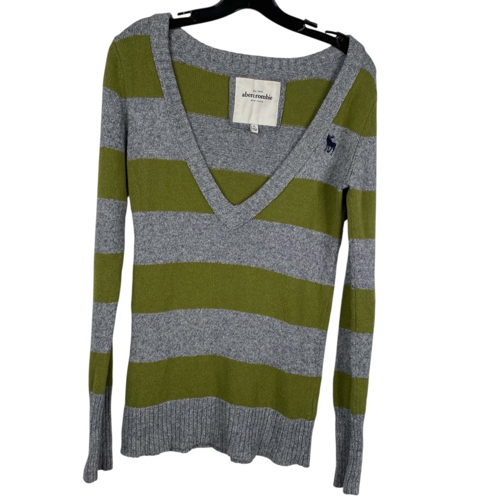 Abercrombie Fitch Sweater 90's Y2K Grunge Fitted Deep V Striped Green Gray Sz XL